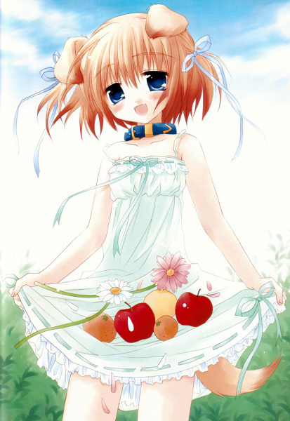 blonde_hair, blue_eyes, dog_ears, dress, food, fruit, pure_pure, ribbon