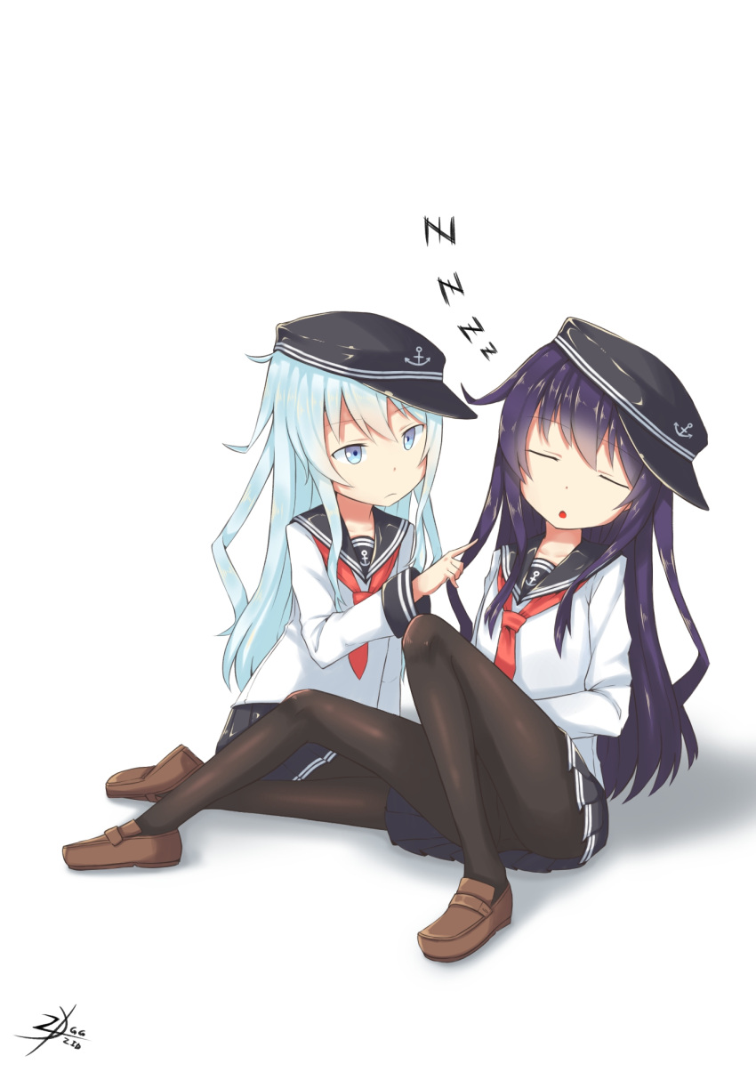 2girls, akatsuki_(kantai_collection), anchor_symbol, black_legwear, blue_eyes, blue_hair, closed_eyes, flat_cap