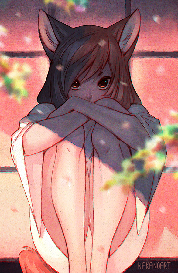 1girl, animal_ears, arms, artist_name, brown_eyes, brown_hair, cat_ears, cat_tail, catgirl, knees_to_chest, legs_together, looking_at_viewer, nakanoart, signature, sitting, tail, x_arms