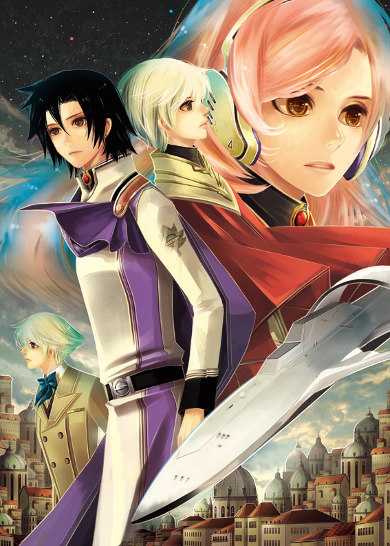 airship, black_hair, blonde_hair, cape, city, flying, headphones, jomy_marquis_shin