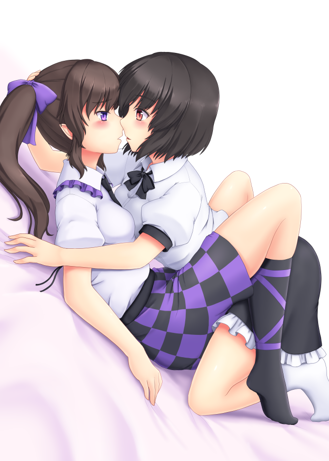 2girls, between_thighs, black_hair, black_skirt, blush, bow, brown_hair, checkered
