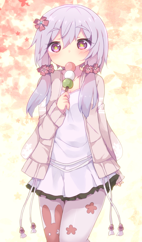 1girl, animal_hood, arm_at_side, beige_jacket, blush, breasts, bunny_hood, bunny_print