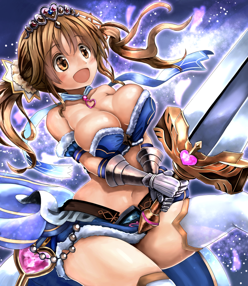 1girl, breasts, brown_eyes, brown_hair, granblue_fantasy, idolmaster, idolmaster_cinderella_girls, large_breasts, open_mouth, smile, solo, sword, takahashi_rodemu, totoki_airi, twintails, weapon