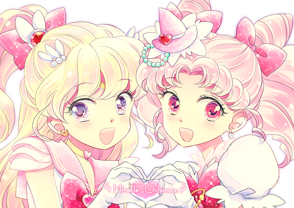 2girls, :d, asahina_mirai, bishoujo_senshi_sailor_moon, blonde_hair, bow, character_name, chibi_usa