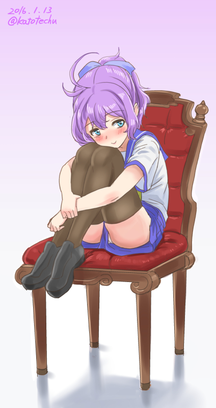 aoba_(kantai_collection), black_legwear, blue_eyes, kantai_collection, katou_techu, leg_hug, looking_at_viewer, messy_hair