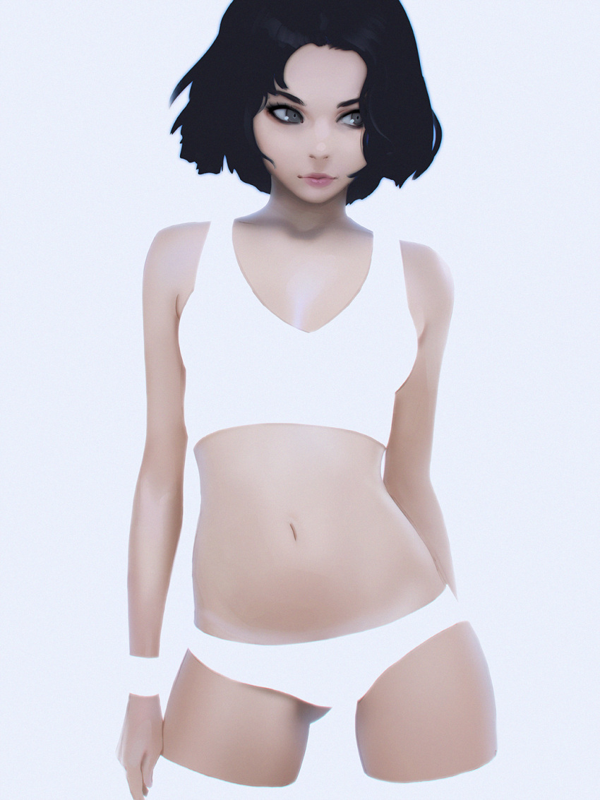 1girl, arms_at_sides, bare_shoulders, black_hair, bra, chromatic_aberration, closed_mouth, collarbone