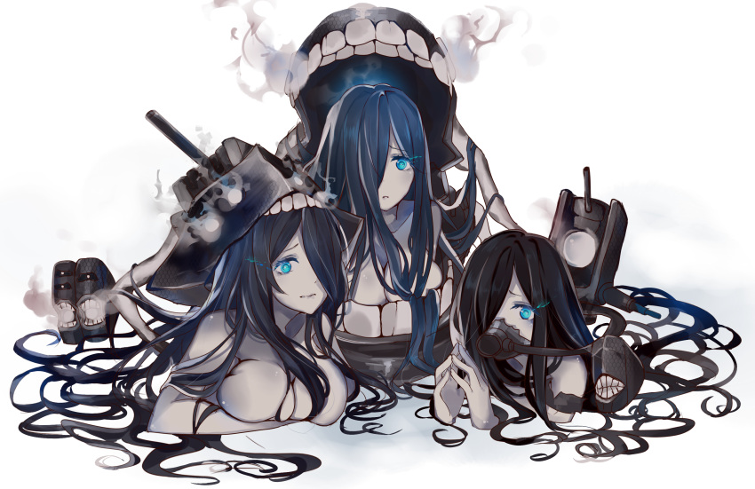 3girls, akira_(ying), biting, black_hair, blue_eyes, blue_hair, blush, breast_squeeze