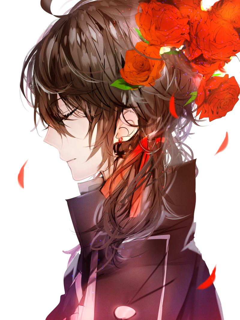 1boy, brown_hair, closed_eyes, flower, male_focus, ookurikara, petals, poni_(rito)