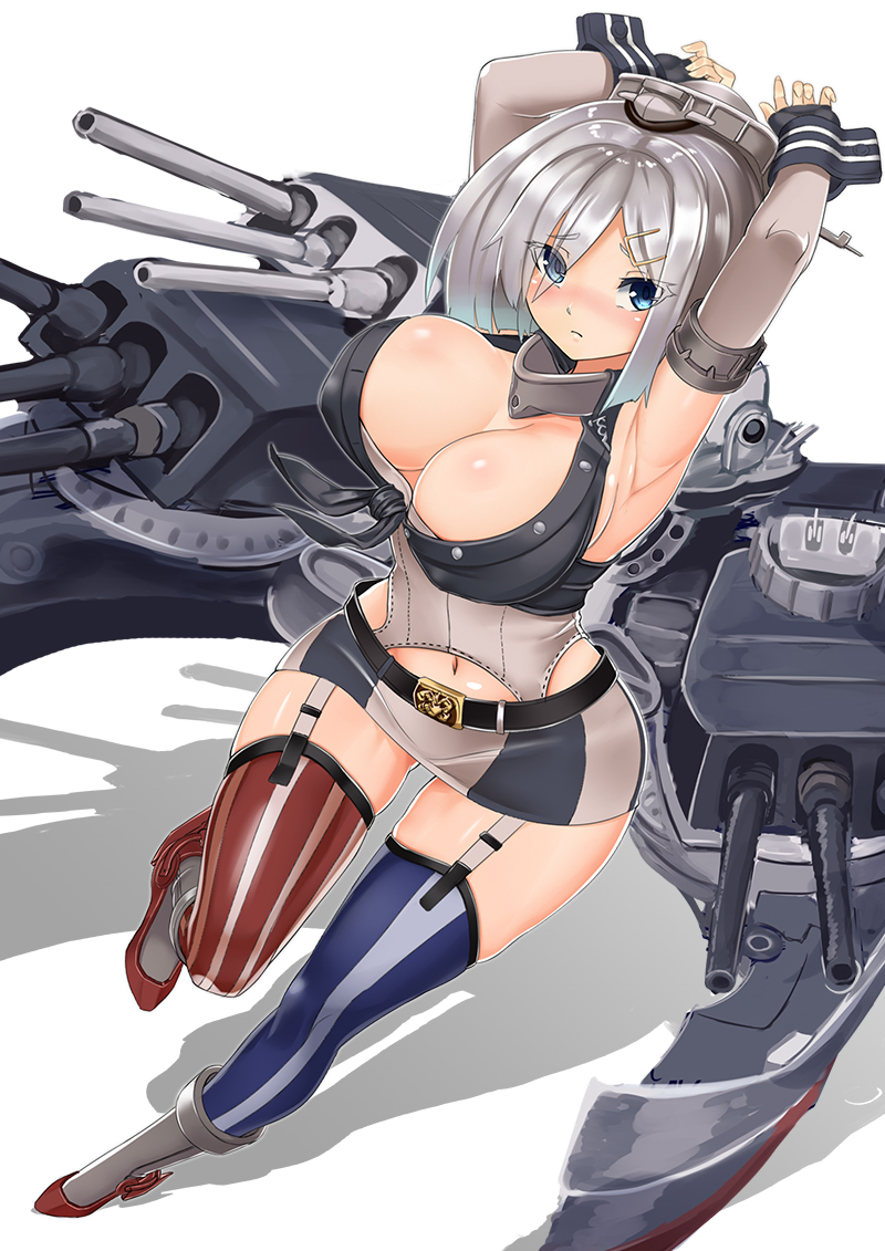 1girl, american_flag_legwear, armpits, arms_up, blue_eyes, blush, boots, breasts
