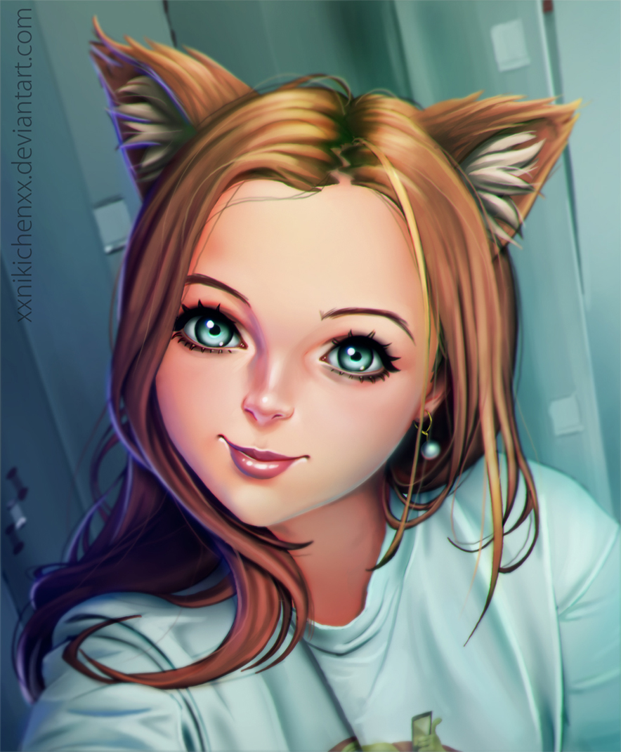 1girl, animal_ears, artist_name, brown_hair, cat_ears, closed_mouth, earrings, green_eyes