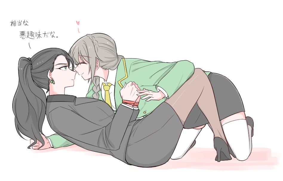 2girls, bound, bound_wrists, bowwow_(hamju94), braid, brown_hair, earrings, executive_mishiro, female, formal, high_heels, idolmaster, idolmaster_cinderella_girls, jewelry, long_hair, looking_at_another, multiple_girls, necklace, necktie, office_lady, pantyhose, ponytail, senkawa_chihiro, skirt_suit, suit, thigh-highs, translation_request, yuri