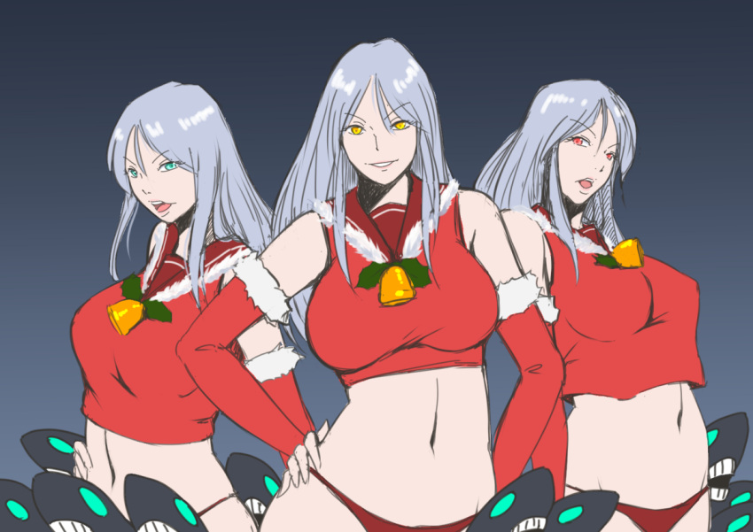 3girls, adapted_costume, bell, bikini_bottom, blue_eyes, breasts, commentary_request, elbow_gloves