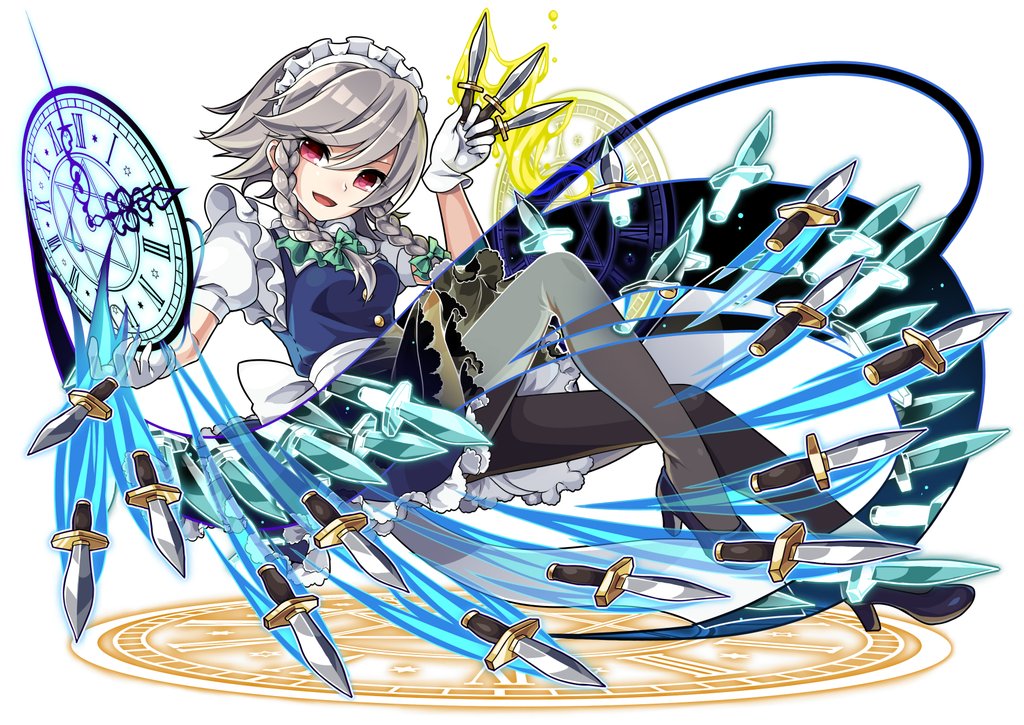 1girl, apron, black_legwear, bow, braid, dagger, dress, full_body, gloves, hair_bow, high_heels, inverted_colors, izayoi_sakuya, kozakura_(dictionary), looking_at_viewer, magic_circle, maid_headdress, open_mouth, pantyhose, puffy_sleeves, red_eyes, short_hair, short_sleeves, silver_hair, smile, solo, touhou, twin_braids, waist_apron, weapon, white_background, white_gloves