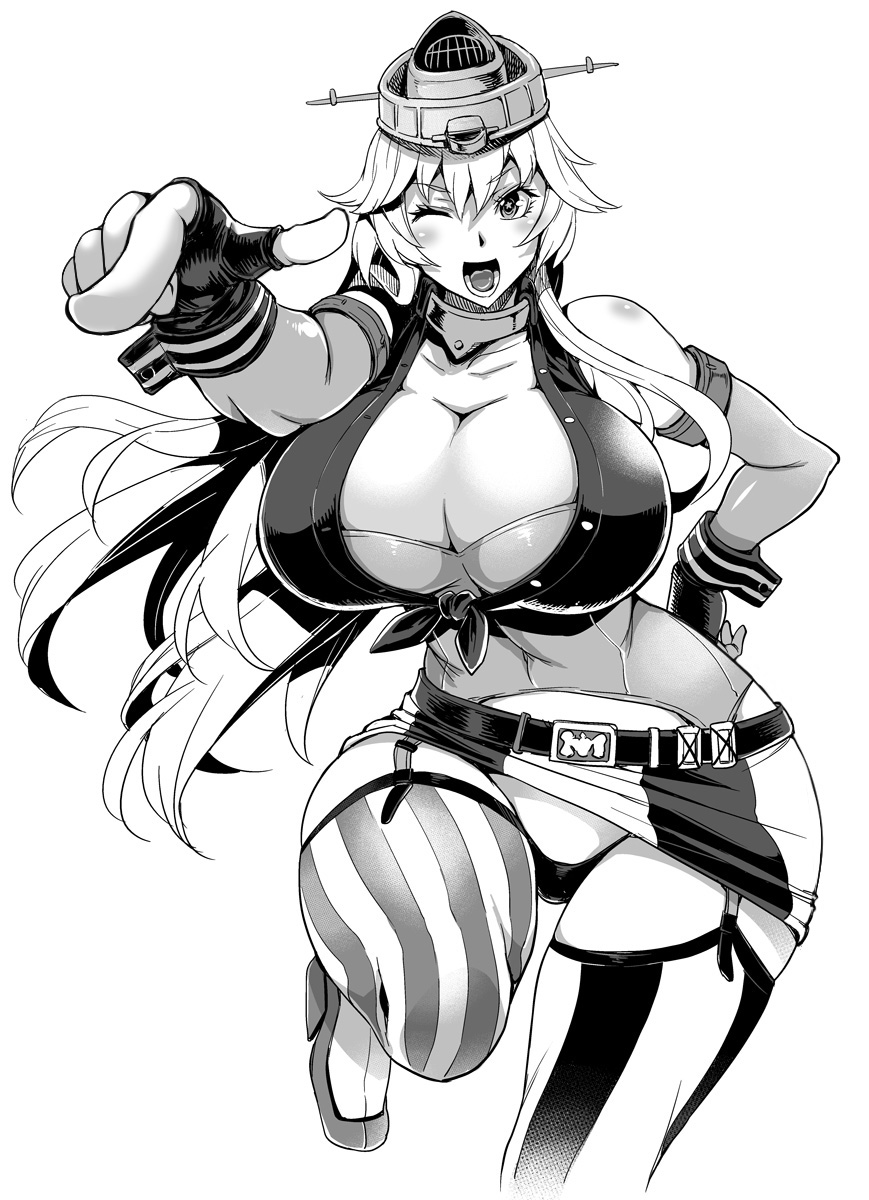 1girl, ;d, bare_shoulders, belt, blush, breasts, buttons, cleavage