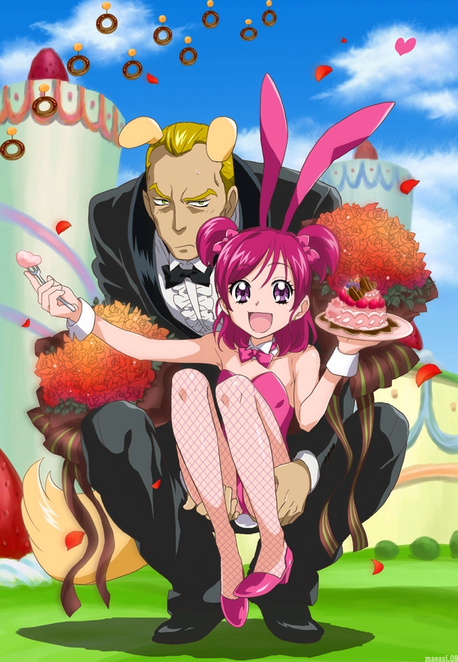 age_difference, ass, bouquet, bunbee, bunny_ears, bunnysuit, butler, cake