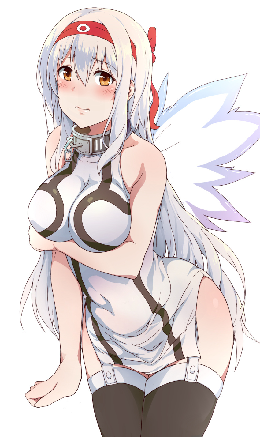 1girl, 3:, alternate_costume, angel_wings, arched_back, bare_shoulders, black_legwear, blush
