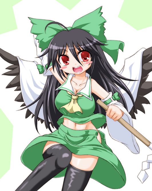 ahoge, ascot, black_hair, black_legwear, blush_stickers, bow, breasts, cape