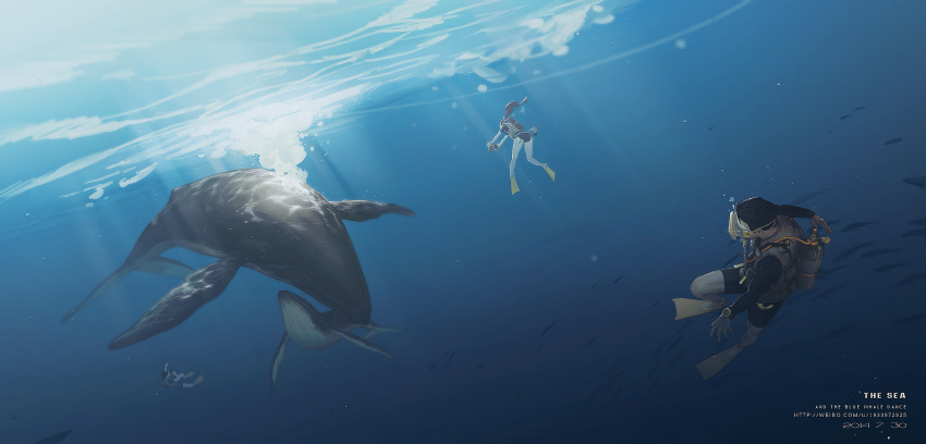1girl, 2014, 2boys, air_bubble, animal, back, black_hair, brown_hair