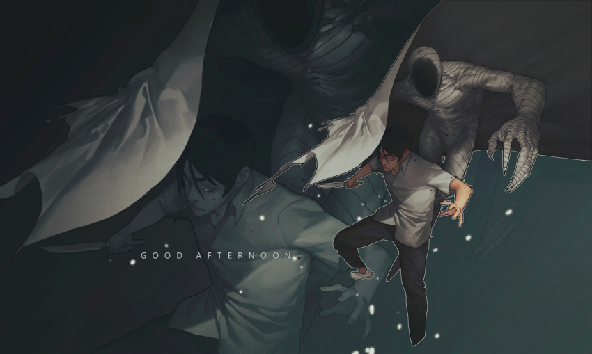 1boy, ajin_(sakurai_gamon), bandages, black_pants, blurry, collared_shirt, cropped_legs, dissolving