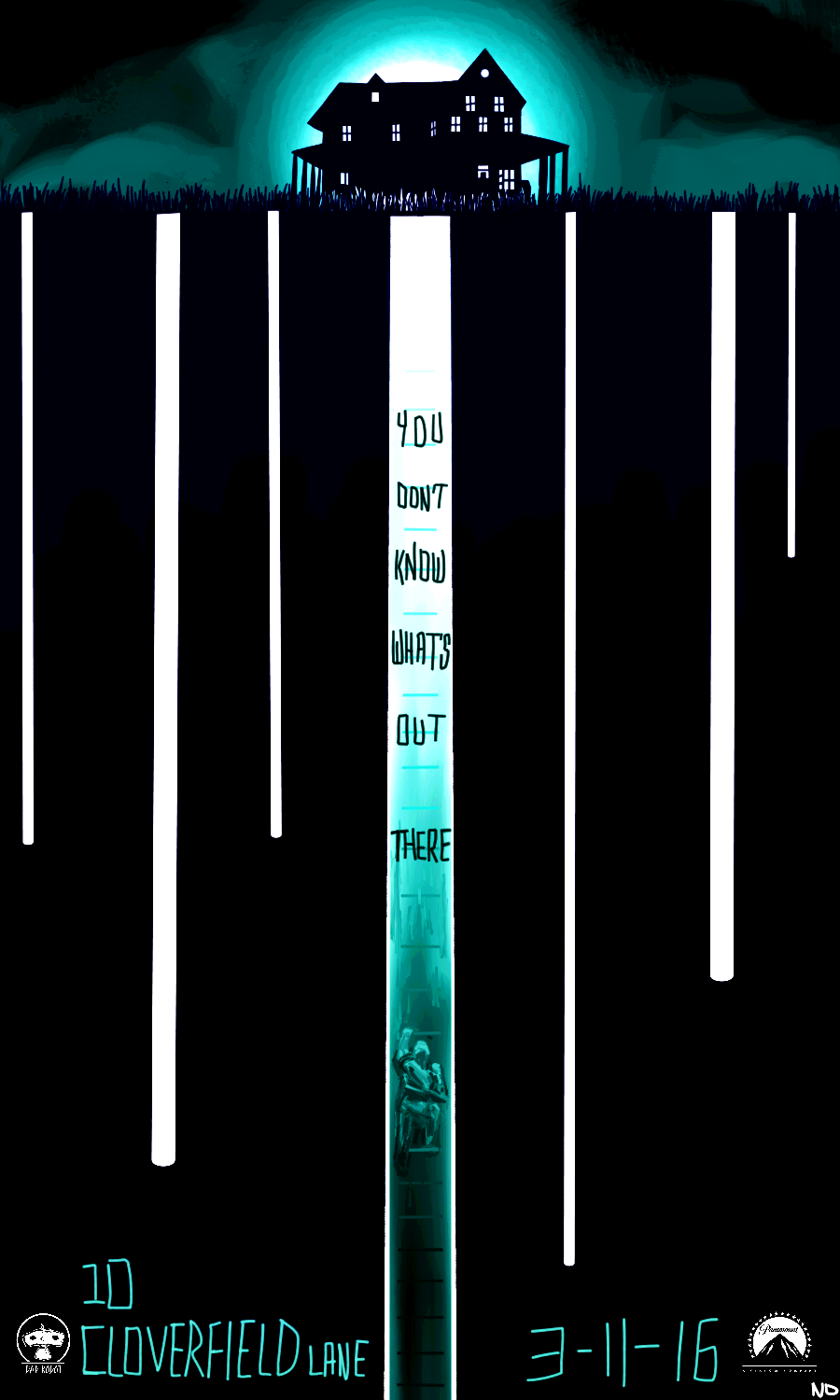 1girl, cloverfield, field, highres, indiend, ladder, movie_poster, science_fiction