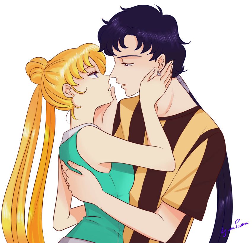 2girls, bishoujo_senshi_sailor_moon, blonde_hair, blue_eyes, crescent_earrings, double_bun, earrings, hand_on_another's_face
