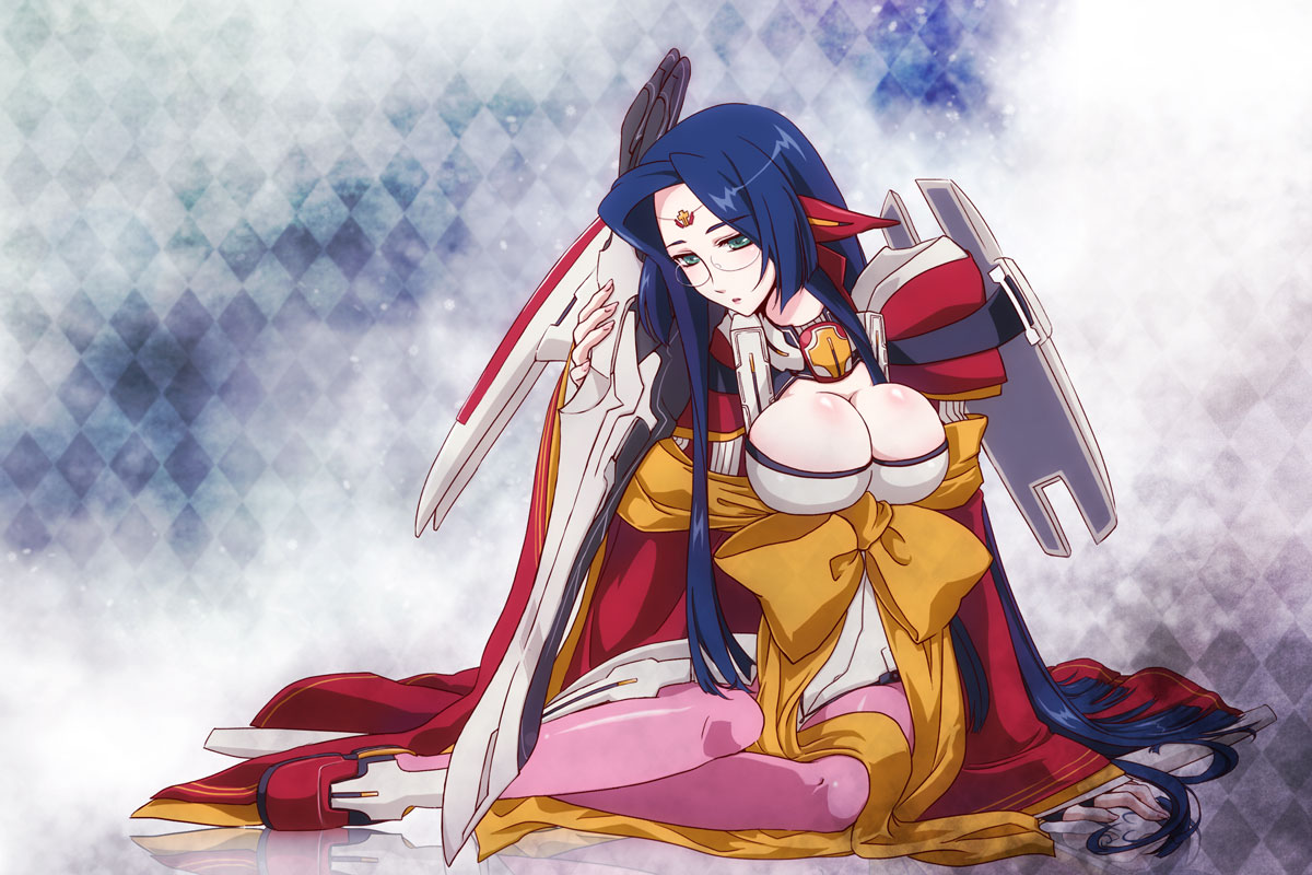 1girl, blue_hair, bodysuit, breasts, cleavage, ear_covers, elf, glasses, green_eyes, juana, keito_(3846klid), kyoukaisenjou_no_horizon, long_hair, pantyhose, pointy_ears, solo, weapon