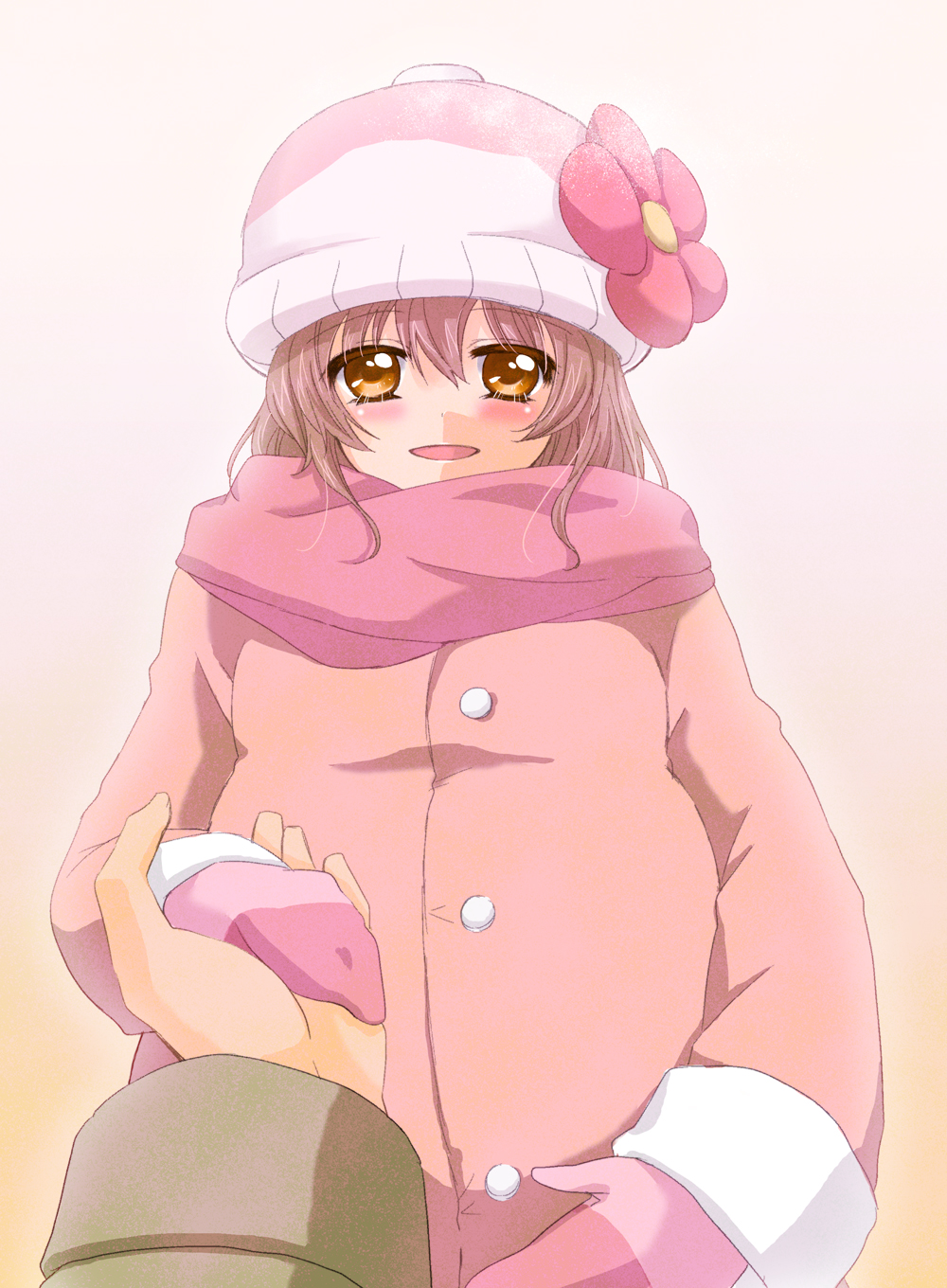 brown_eyes, brown_hair, clannad, furukawa_nagisa, hat, highres, mittens, pov, pregnant, short_hair, winter_clothes, yuzuki_kisa