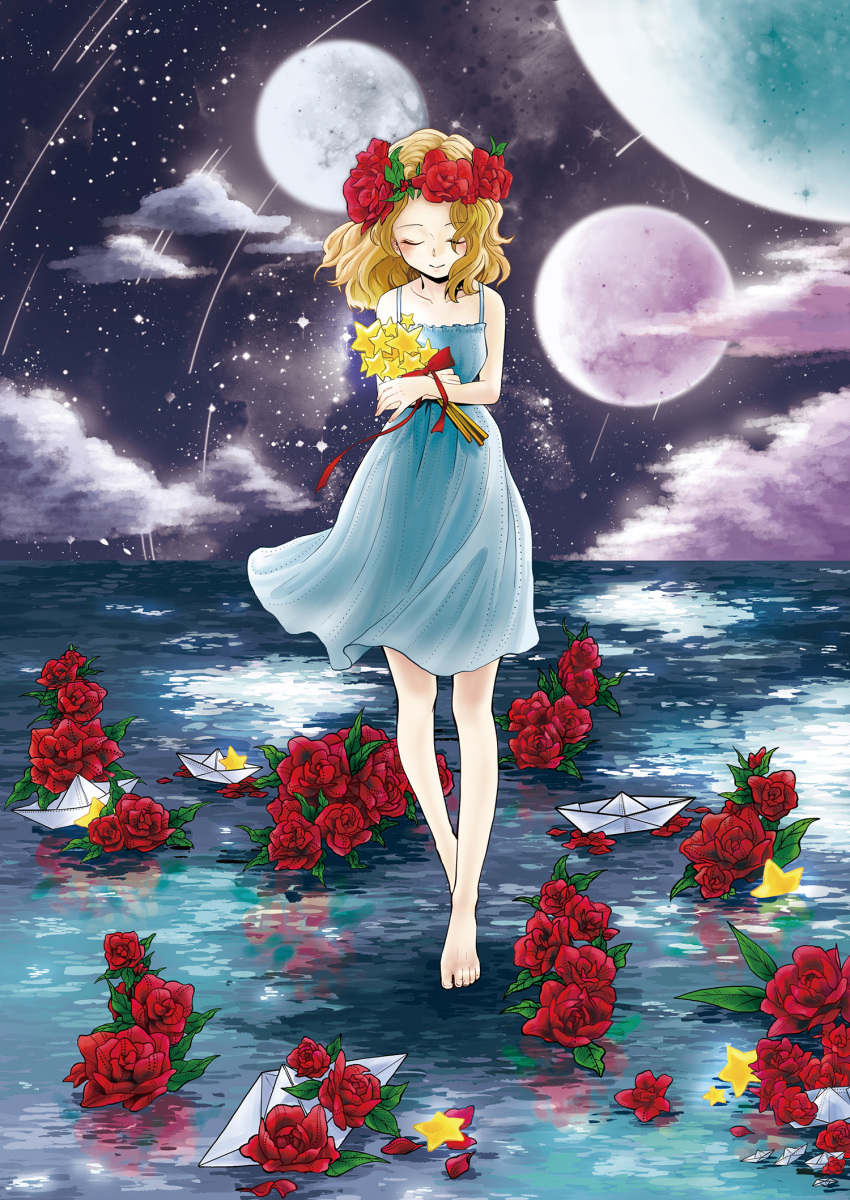 1girl, bare_shoulders, barefoot, blonde_hair, closed_eyes, clouds, cloudy_sky, collarbone, dress, flower, flower_wreath, highres, legs, moon, multiple_moons, night, night_sky, original, paper_boat, rose, short_hair, sky, smile, solo, star, water