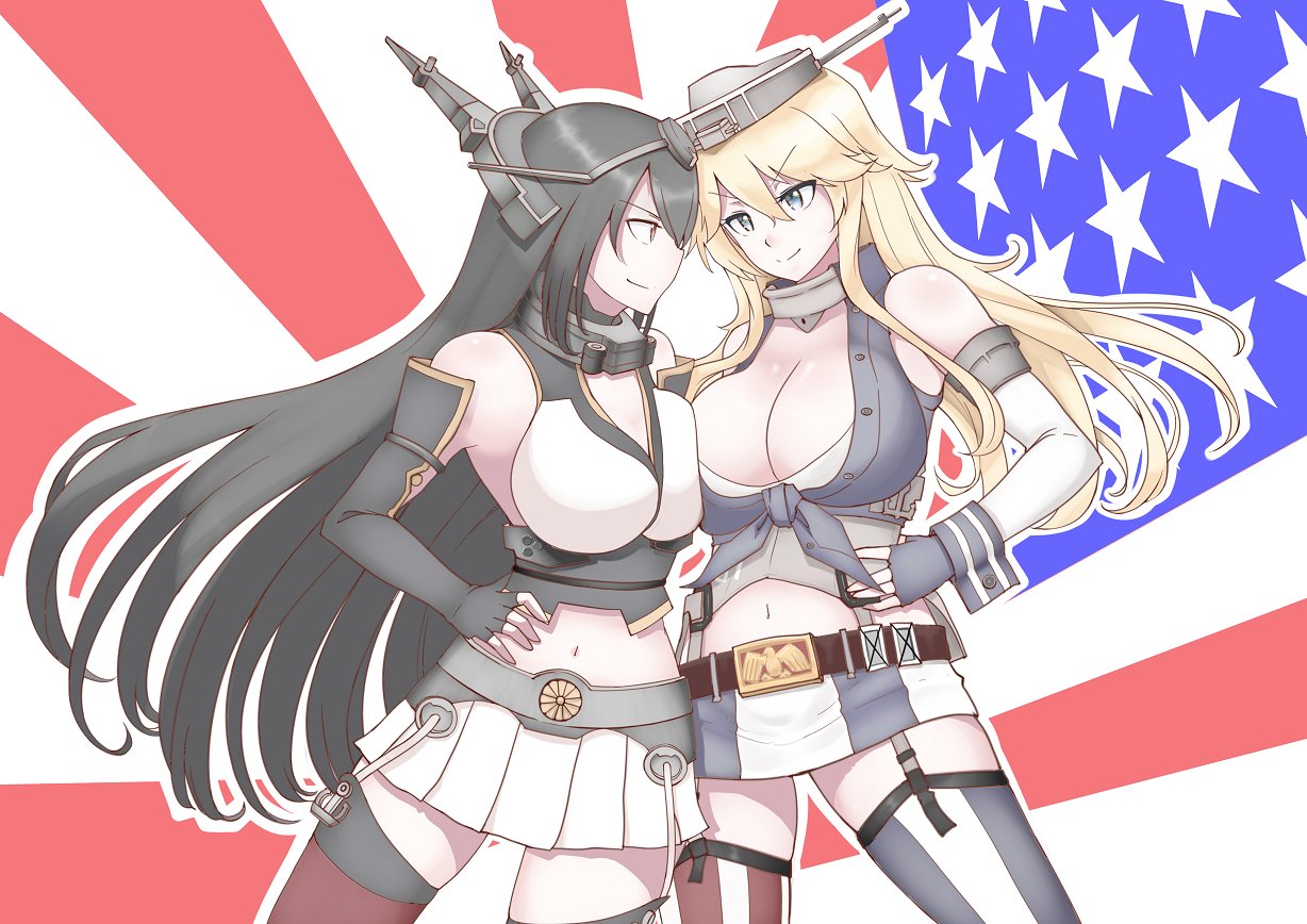 2girls, asymmetrical_docking, black_hair, blonde_hair, blue_eyes, breast_press, breasts, cleavage