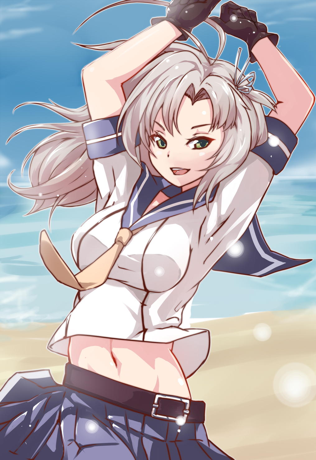 1girl, beach, breasts, gloves, green_eyes, grey_hair, hair_ribbon, highres