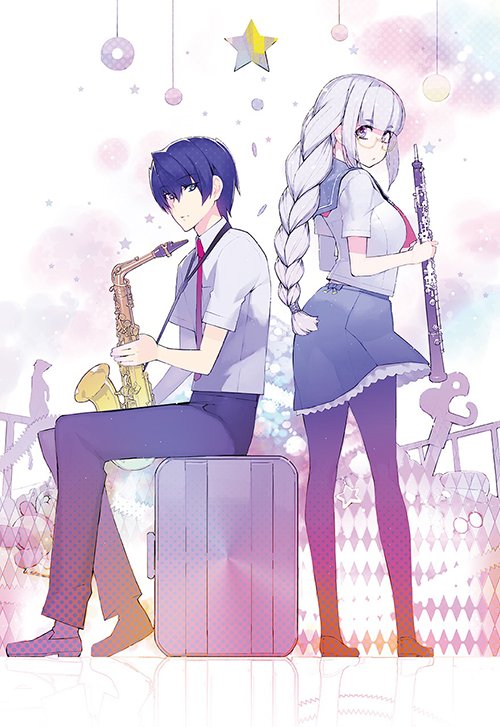1boy, 1girl, blue_hair, braid, flute, glasses, haruchika, instrument