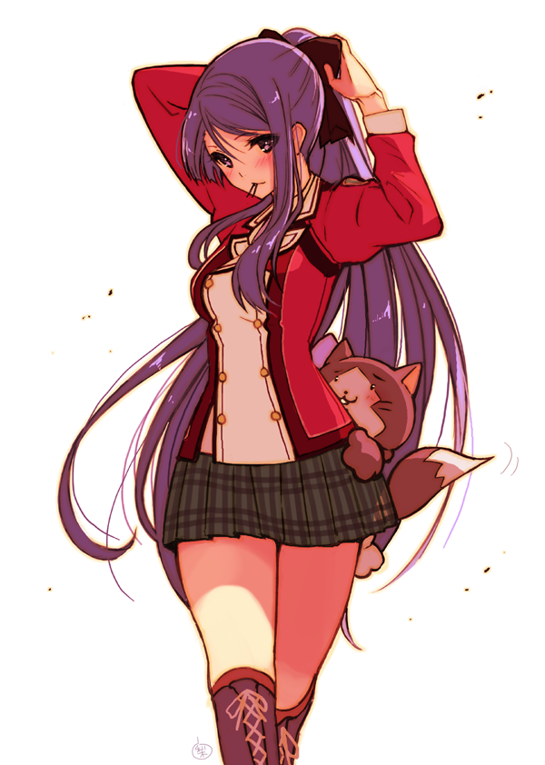1girl, adjusting_hair, blue_hair, blush, boots, cat, eiyuu_densetsu, hair_ribbon