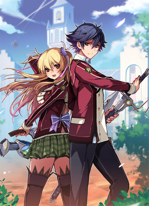 1boy, 1girl, alisa_reinford, bell_tower, black_hair, blonde_hair, boots, bow_(weapon)