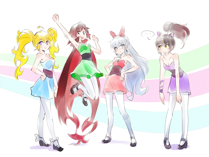 4girls, animal_ears, black_hair, blake_belladonna, blonde_hair, blossom_(ppg)_(cosplay), blue_eyes, bow
