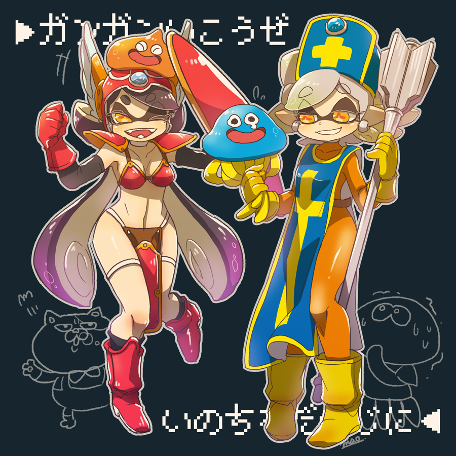 +_+, 1boy, 1other, 2girls, ;d, armor, artist_name, bikini_armor