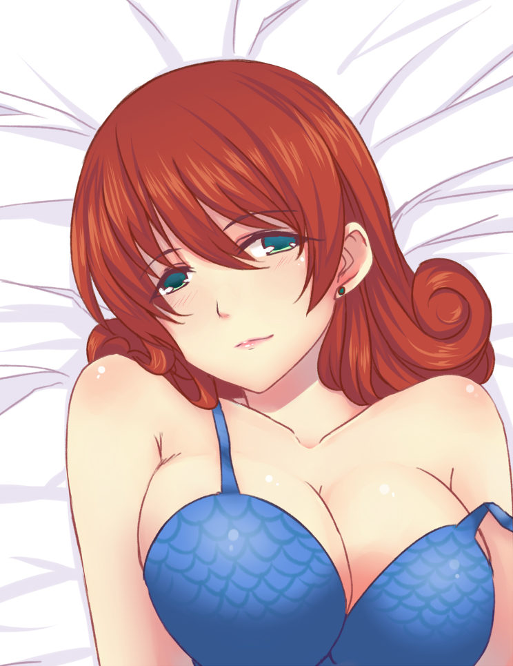 1girl, aqua_eyes, bra, breasts, brown_hair, cleavage, curly_hair, earrings
