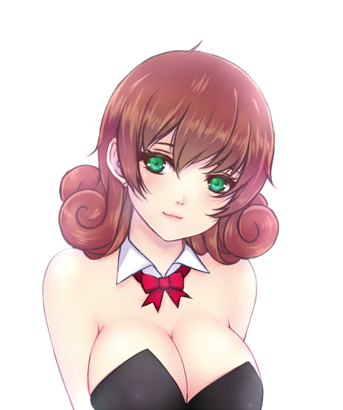 1girl, bare_shoulders, bow, bowtie, breasts, brown_hair, bunnysuit, cleavage