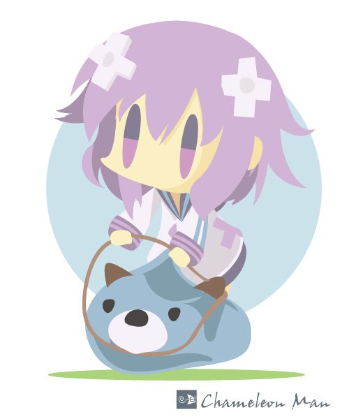 1girl, artist_name, chameleon_man_(three), chibi, d-pad, dogoo, hair_ornament, neptune_(choujigen_game_neptune), neptune_(series), purple_hair, short_hair, solo