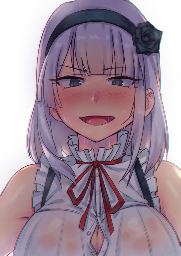 1girl, bare_shoulders, black_rose, blue_eyes, blush, breasts, dagashi_kashi, flower