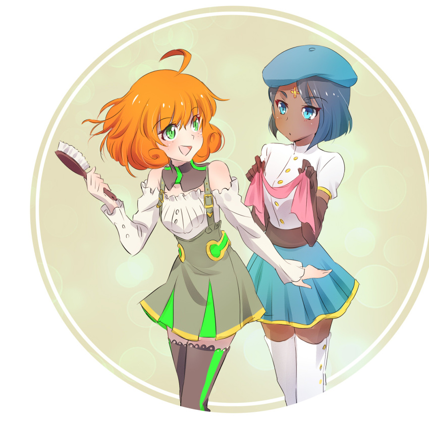 ahoge, beret, blue_eyes, ciel_soleil, dark_skin, forehead_jewel, green_eyes, hair_brush