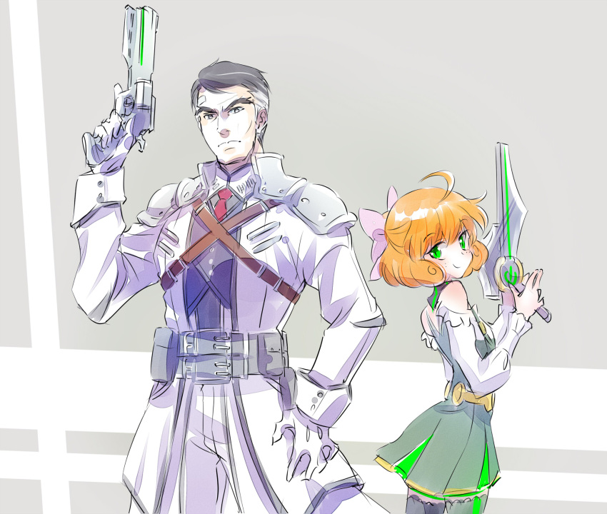 1boy, 1girl, ahoge, armor, black_hair, bow, gloves, green_eyes