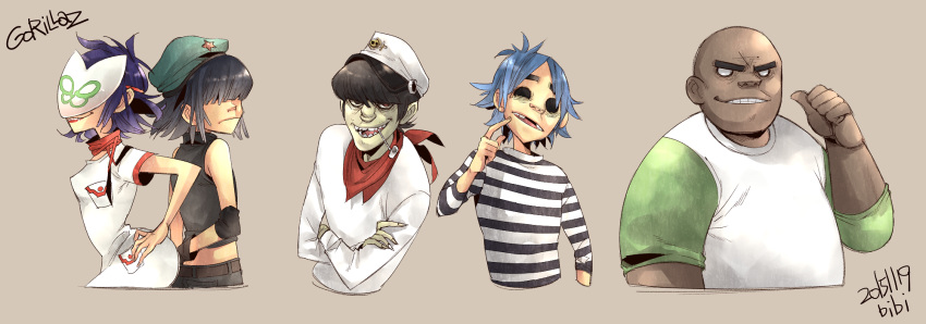 2girls, 3boys, bald, black_hair, blue_hair, cyborg_noodle_(gorillaz), empty_eyes, fingernails