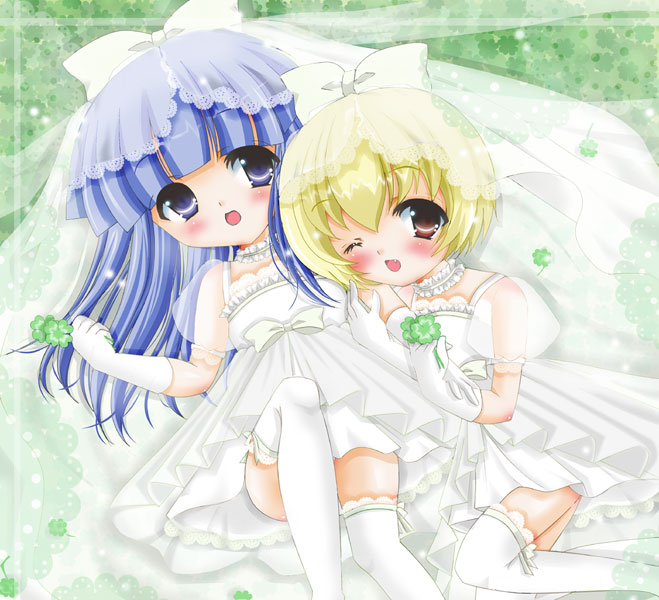 blue_hair, blush, bow, bridal_veil, bride, child, choker, clover, dress, elbow_gloves, fang, furude_rika, gloves, hair_bow, higurashi_no_naku_koro_ni, houjou_satoko, purple_eyes, red_eyes, satoru, thigh-highs, thighhighs, veil, violet_eyes, wedding_dress, wink