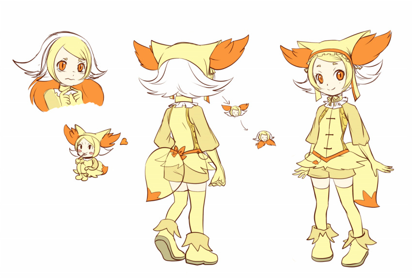 1girl, bangs, blush, blush_stickers, boots, fennekin, hat, heart