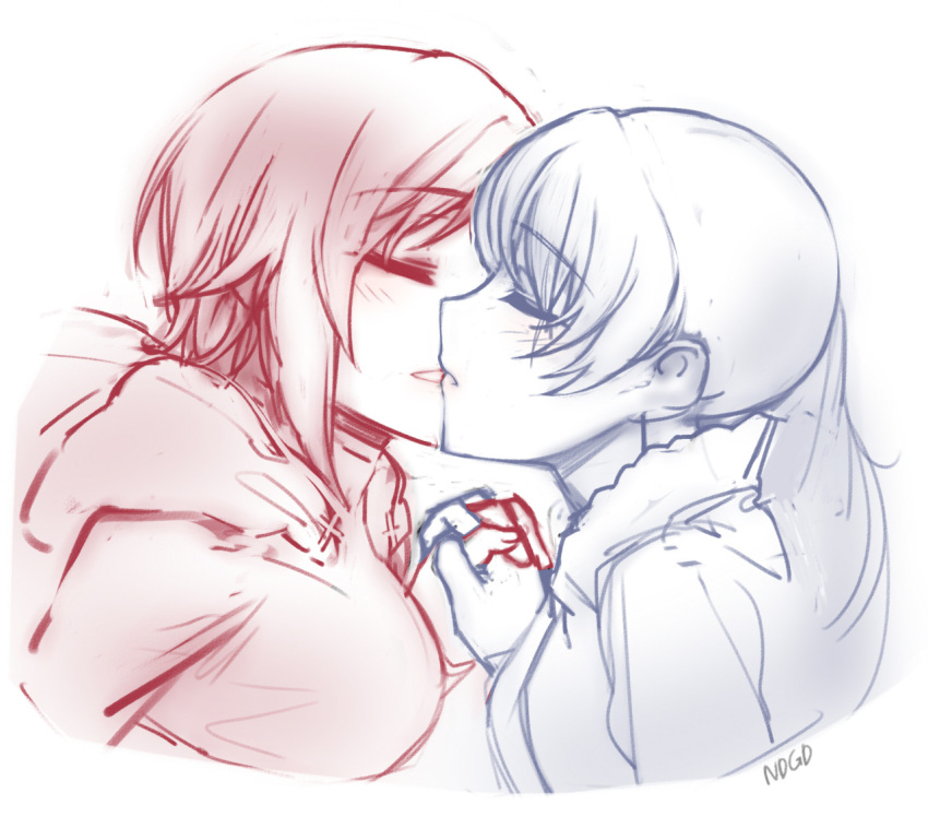2girls, cloak, closed_eyes, facial_scar, holding_hands, hood, hooded_cloak, kiss