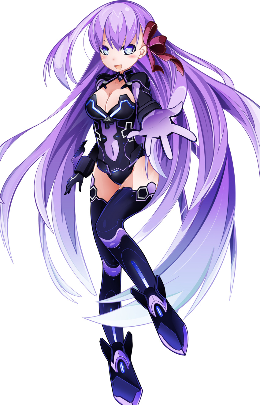 1girl, blue_eyes, blush, breasts, cleavage, cleavage_cutout, cosplay, fate/stay_night, fate_(series), gloves, gradient_hair, highres, leotard, long_hair, looking_at_viewer, matou_sakura, multicolored_hair, neptune_(series), open_mouth, outstretched_arm, purple_hair, purple_heart, purple_heart_(cosplay), sapusakti, solo, symbol-shaped_pupils, very_long_hair