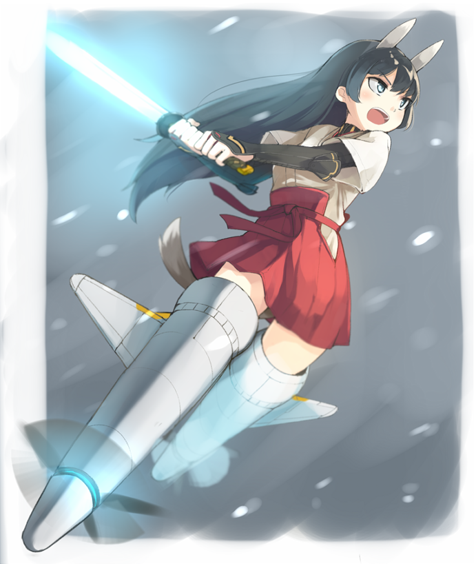 1girl, anabuki_tomoko, animal_ears, black_hair, blue_eyes, fox_ears, fox_tail, glowing