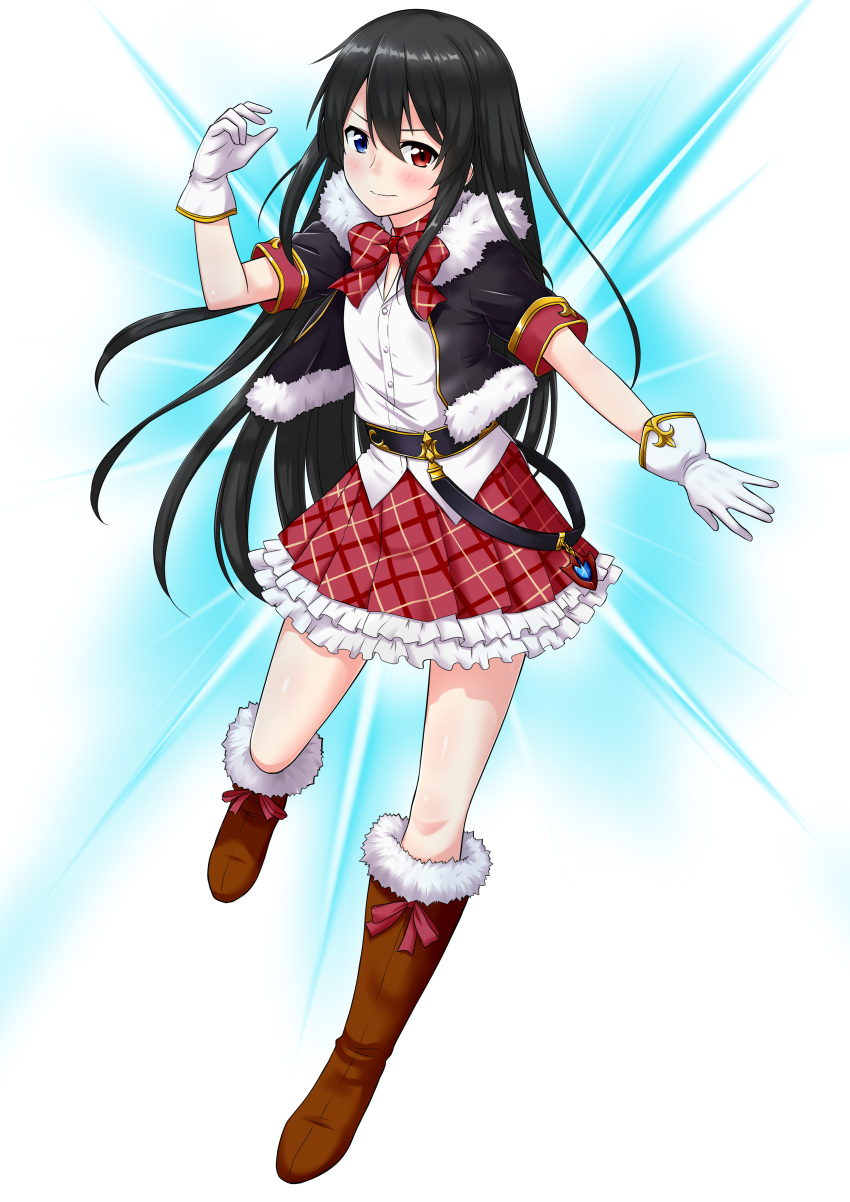 1boy, absurdres, bellezza_felutia, black_hair, blue_eyes, boots, brush, felutiahime, forced_dressing, fur, highres, idol, long_hair, original, otoko_no_ko, red_eyes, skirt
