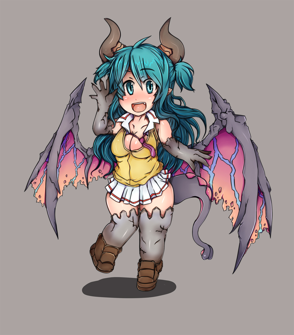 1girl, :d, aqua_eyes, aqua_hair, breasts, chibi, chione_(monster_musume), claws, cleavage, fang, full_body, gargoyle, grey_background, horns, long_hair, looking_at_viewer, monster_girl, monster_musume_no_iru_nichijou, monster_musume_no_iru_nichijou_online, necktie, open_mouth, pointy_ears, shadow, simple_background, skirt, smile, solo, tail, tokamaku, waving, wings