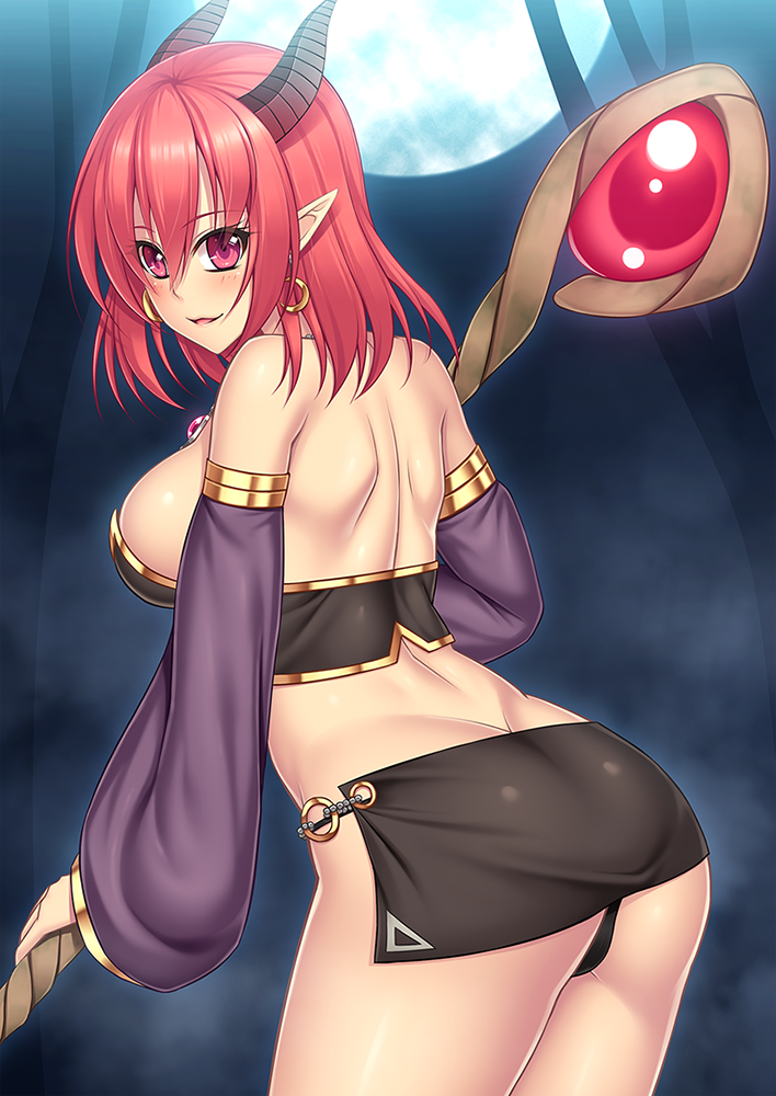 1girl, ass, bare_shoulders, black_panties, breasts, butt_crack, cowboy_shot, demon_girl, demon_horns, earrings, full_moon, holding, horns, jewelry, midriff, moon, muo0409, original, panties, pointy_ears, red_eyes, redhead, short_hair, sideboob, smile, staff, tagme, underwear